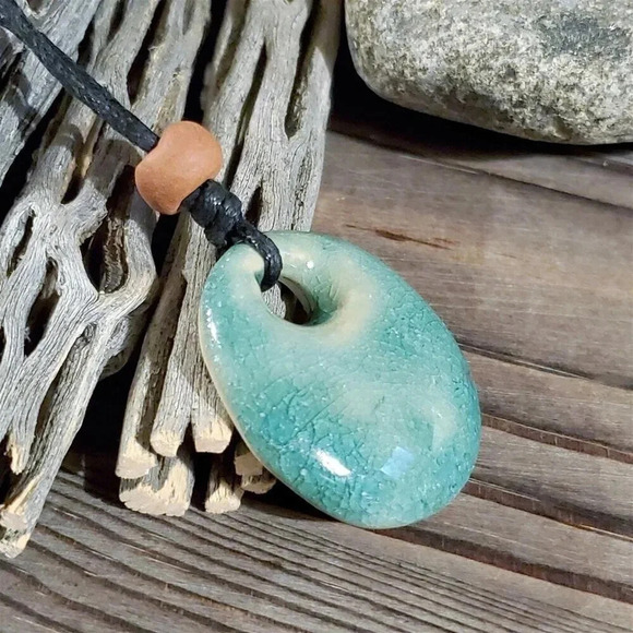 Chaozhou Porcelain Blue Pendant Terra Cotta Cotton Necklace - Picture 4 of 6